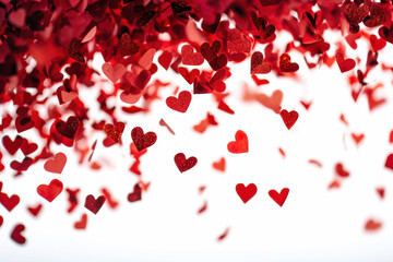 Falling red heart confetti on white background. Valentine's Day celebration.
