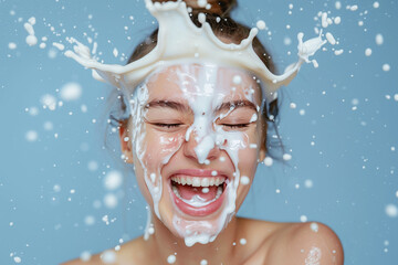 Close-up of a young woman laughing as milk splashes over her face, conveying freshness and vitality on a blue backdrop..