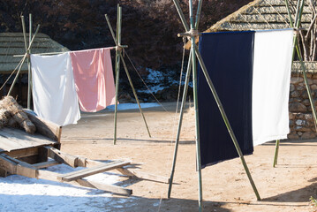View of drying silk fabrics