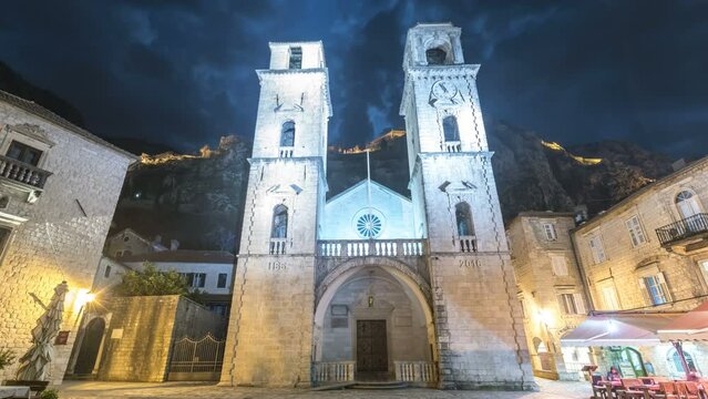 St. Tryphon Cathedral in Kotor Montenegro Church timelapse hyperlapse video at night.