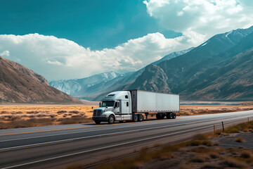 White semi truck on scenic desert highway with mountains. Transportation and logistics.