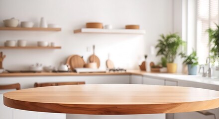 Empty beautiful round wood tabletop counter on white interior