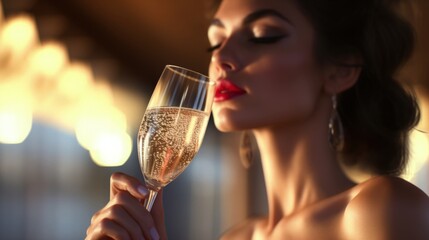 Closeup of  Beautiful Woman Drinking White Wine Red Lips Chardonnay Sauvignon Blanc Riesling Pinot Gris Moscato Lifestyle Concept 16:9