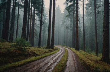 Fototapeta na wymiar dirt road in the fir forest mountains