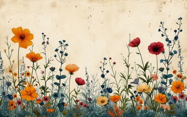 Vintage paper textures. Field of poppies.