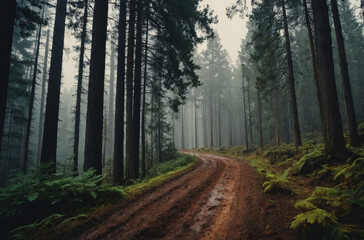 dirt road in the fir forest mountains