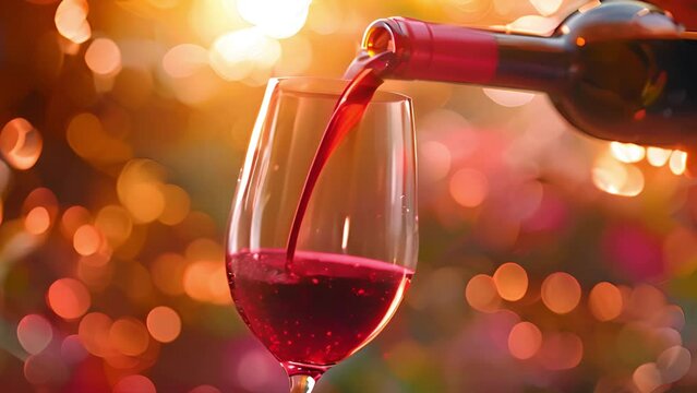 Red wine glass in spring pouring red wine in glass. sunlight shining Close-up of filling wine glass with red wine in super slow motion. Pouring red wine into goblet. Red wine forms beautiful 4k