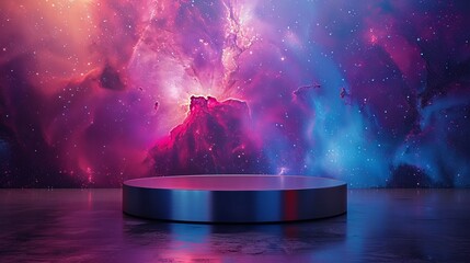 Empty podium with gradient neon light on background with night starry landscape.