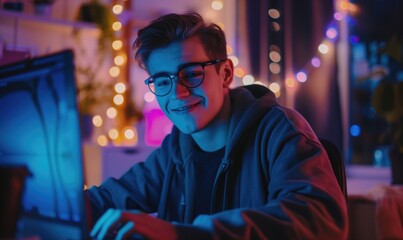 Fototapeta na wymiar Young man cheerful smiling programmer or influencer wearing reading glasses working from cozy home using his laptop and decorated aparment with LED lights
