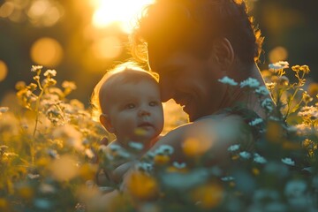 parent playing with their child in a sunlit park - obrazy, fototapety, plakaty