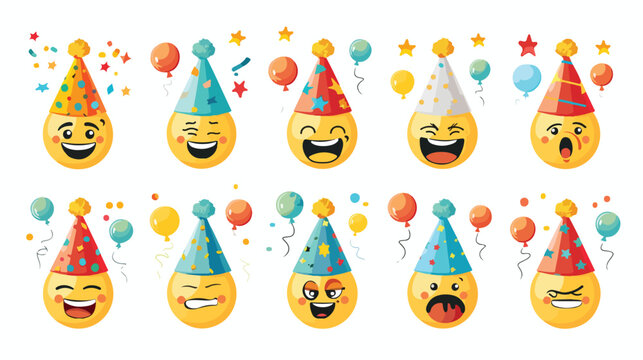 Smileys birthday character vector set. Smiley emoji