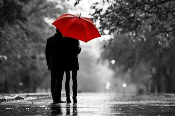romantic couple in the rain with a red umbrella