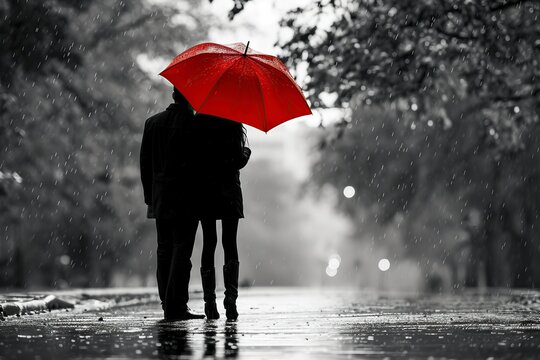 romantic couple in the rain with a red umbrella - Powered by Adobe