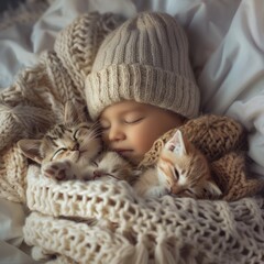 Little child sleeps with kitten on white knitted blanket