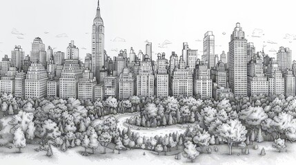 Line art city scene with high-rise buildings and trees