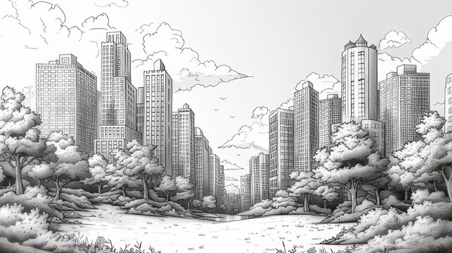 Line art city scene with high-rise buildings and trees
