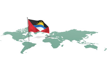 Mappa Terra con evidenziato la nazione Antigua and Barbuda e bandiera al vento © albasu