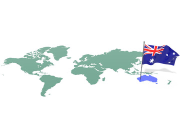 Mappa Terra con evidenziato la nazione Australia e bandiera al vento © albasu