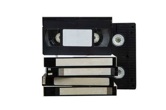 Pile of VHS video cassettes. Vintage media. Isolate on a white back.