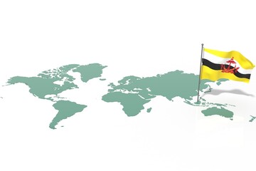 Mappa Terra con evidenziato la nazione Brunei e bandiera al vento © albasu