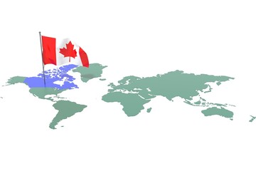 Mappa Terra con evidenziato la nazione Canada e bandiera al vento © albasu