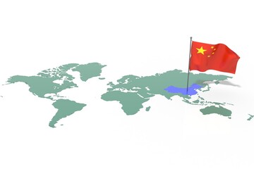 Mappa Terra con evidenziato la nazione China e bandiera al vento © albasu
