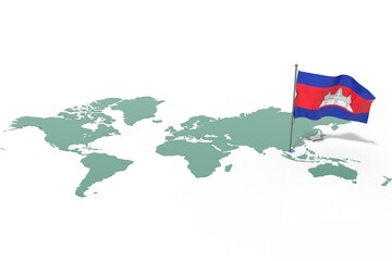 Mappa Terra con evidenziato la nazione Cambodia e bandiera al vento