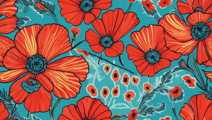 Fototapeta na wymiar Dreamy poppy-themed seamless pattern, Geometric ethnic oriental ikat design for background, carpet, and Batik. Vector illustration with a touch of embroidery style.