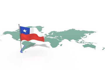 Mappa Terra con evidenziato la nazione Chile e bandiera al vento © albasu