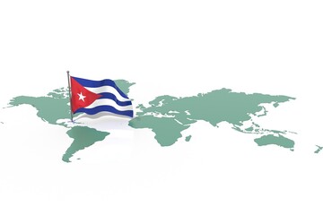 Mappa Terra con evidenziato la nazione Cuba e bandiera al vento © albasu