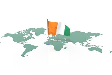 Mappa Terra con evidenziato la nazione Cote d'Ivoire e bandiera al vento © albasu
