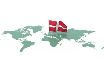 Mappa Terra con evidenziato la nazione Denmark e bandiera al vento © albasu