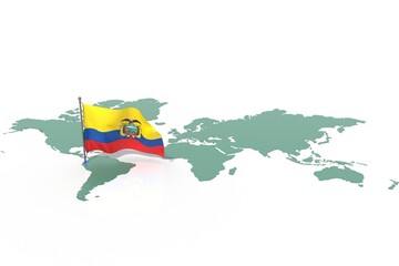 Mappa Terra con evidenziato la nazione Ecuador e bandiera al vento © albasu