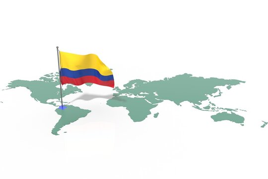 Mappa Terra con evidenziato la nazione Colombia e bandiera al vento