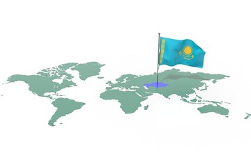 Mappa Terra con evidenziato la nazione Kazakhstan e bandiera al vento © albasu