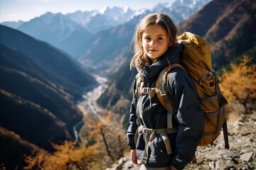 Naklejka na ściany i meble Cute little girl with big backpack on the background of mountains.