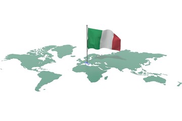 Mappa Terra con evidenziato la nazione Italy e bandiera al vento © albasu