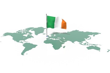 Mappa Terra con evidenziato la nazione Ireland e bandiera al vento © albasu
