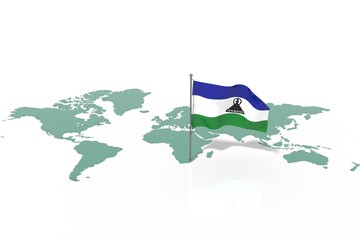 Mappa Terra con evidenziato la nazione Lesotho e bandiera al vento © albasu