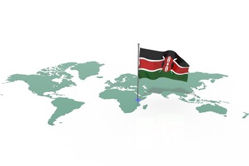 Mappa Terra con evidenziato la nazione Kenia e bandiera al vento © albasu