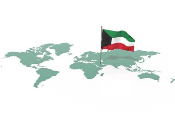 Mappa Terra con evidenziato la nazione Kuwait e bandiera al vento © albasu