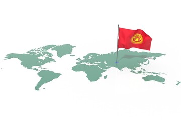 Mappa Terra con evidenziato la nazione Kyrgyzstan e bandiera al vento © albasu