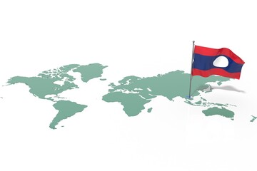 Mappa Terra con evidenziato la nazione Laos e bandiera al vento © albasu
