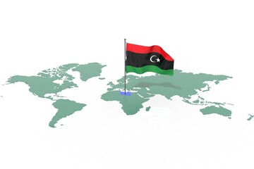 Mappa Terra con evidenziato la nazione Libya e bandiera al vento © albasu