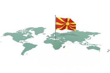 Mappa Terra con evidenziato la nazione Macedonia e bandiera al vento © albasu