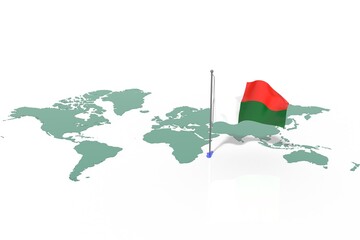 Mappa Terra con evidenziato la nazione Madagascar e bandiera al vento © albasu