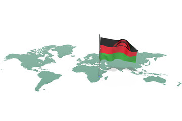 Mappa Terra con evidenziato la nazione Malawi e bandiera al vento © albasu