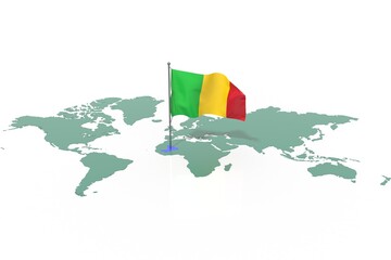 Mappa Terra con evidenziato la nazione Mali e bandiera al vento © albasu