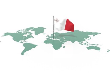 Mappa Terra con evidenziato la nazione Malta e bandiera al vento © albasu