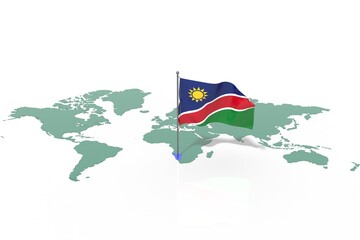 Mappa Terra con evidenziato la nazione Namibia e bandiera al vento © albasu